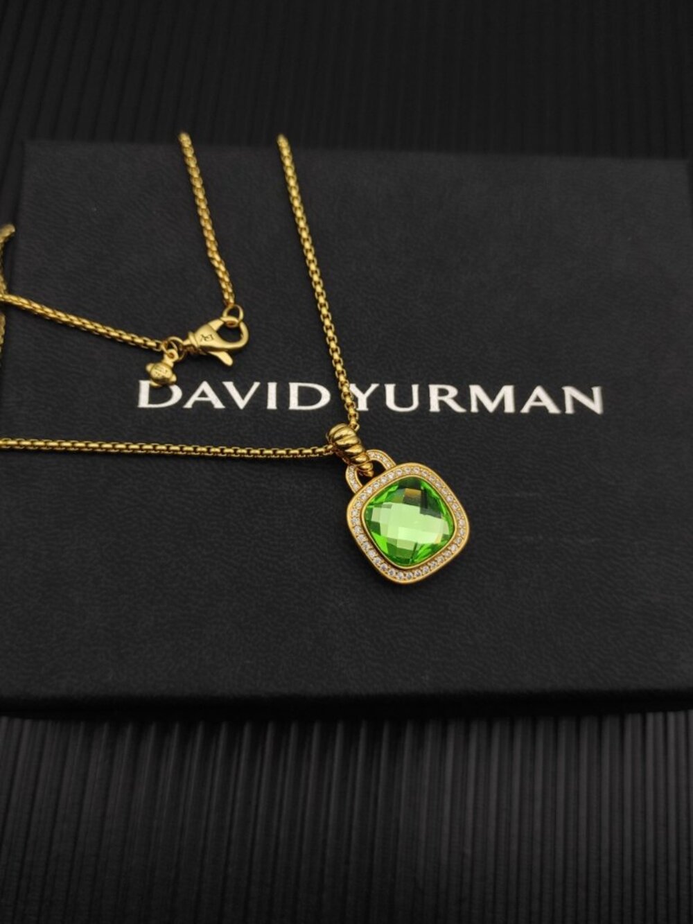 David Yurman Gold and Green Diamond Center Stone Square Diamond Necklace